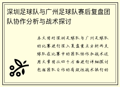 深圳足球队与广州足球队赛后复盘团队协作分析与战术探讨